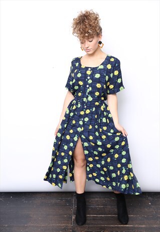 VINTAGE 90S NAVY GREEN YELLOW FLORAL MIDI BUTTON DRESS