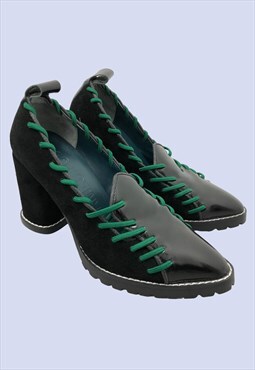 Black Patent Green Stitch Pointed Grunge Punk Court Heels