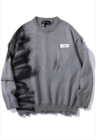 KALODIS GRAFFITI PRINT CREW NECK KNIT SWEATER WITH HOLES