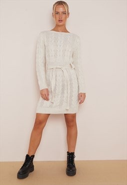 Cable Knit Belted Mini Dress in Cream 