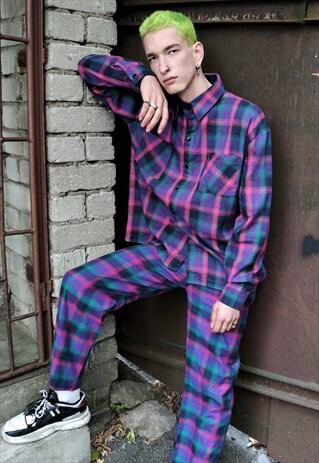 2 PIECE CHECK SHIRT & PURPLE TARTAN OVERALLS COMBO SET