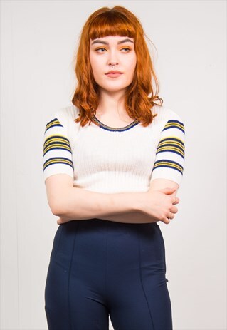 VINTAGE 70'S WHITE & BLUE STRIPED RIBBED KNIT TOP