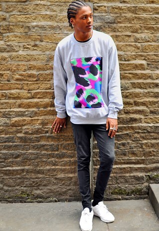 GREY OVERSIZED COLOURFUL CAMO PANEL JUMPER