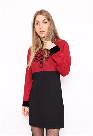 VINTAGE 80S RED BLACK LONG SLEEVE DRESS