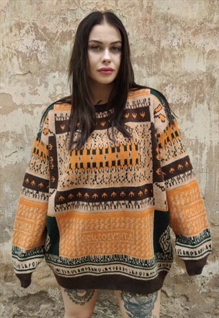 RETRO SWEATER AZTEC PRINT TOP VINTAGE PATTERN JUMPER BROWN