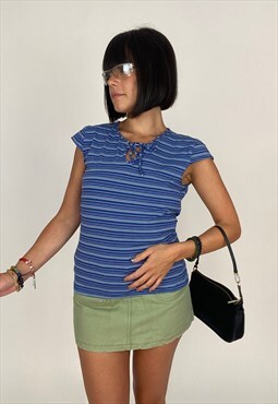  Classic Vintage 00s Striped Lycra Shirt in Blue
