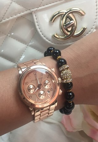 BLACK AND GOLD SWAROVSKI CRYSTAL AND PEARL BEAD BRACELET