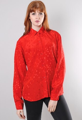 VINTAGE 70S SILK SATIN STAR PATTERNED SHIRT