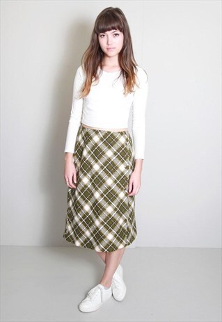 VINTAGE 1970'S GREEN PLAID A-LINE MIDI SKIRT