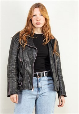 Vintage 70's Women Distressed Biker Jacket in Black