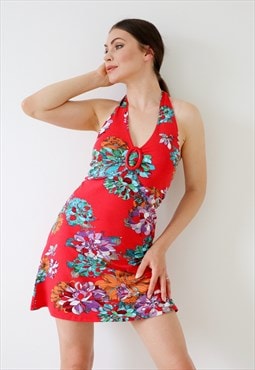 Vintage Y2k Halter Neck Dress Red Psychedelic Floral Red