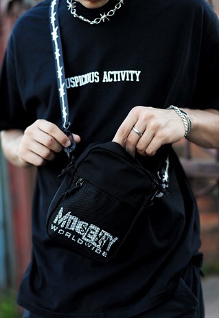 BARBED WIRE SHOULDER BAG WITH LOGO PRINT IN BLACK