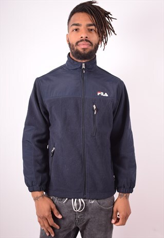 FILA MENS VINTAGE FLEECE JACKET SMALL BLUE 90S