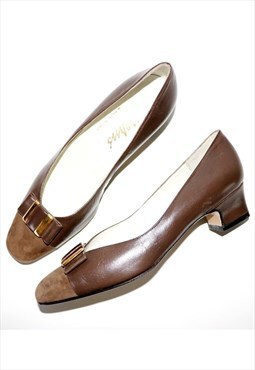 Vintage Cup Toe Pumps Smart Leather Low Heel Shoes 70s to 80