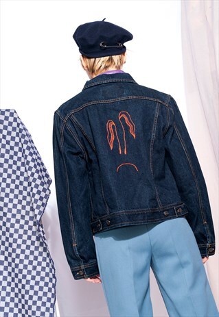 REWORKED VINTAGE DENIM JACKET 90S SAD PLANT EMBROIDERY