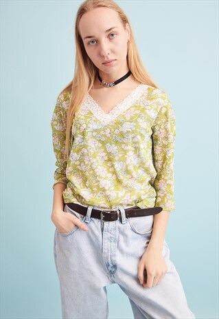 90'S RETRO FLORAL PRINT KITSCH MESH PARTY TEEN TOP BLOUSE