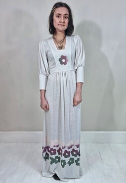 Vintage 70's Sheer White Jersey Daisy Print Maxi Dress