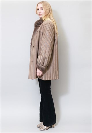 VINTAGE 1980'S TEDDY BROWN STRIPED SHEARLING AVIATOR COAT