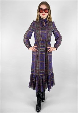 70's Vintage Purple Paisley Sheer Ruffle Lurex Midi Dress