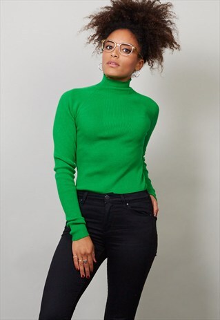 VINTAGE BRIGHT GREEN RIBBED ROLL NECK JUMPER