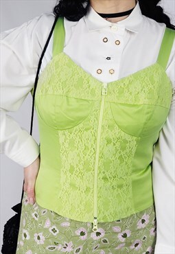 Vintage Y2K 00s green lace zip front corset top
