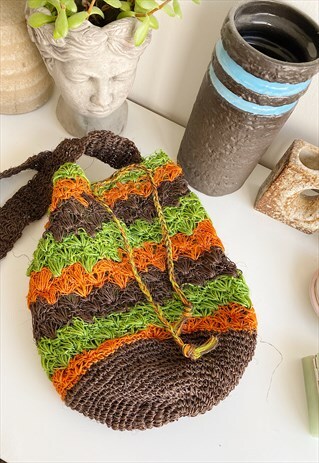 VINTAGE 80S HANDMADE CROCHET RAFFIA FESTIVAL BEACH BAG