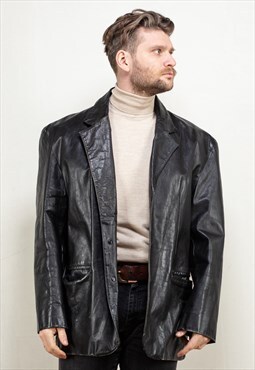 Vintage 90's Men Leather Blazer Jacket in Black
