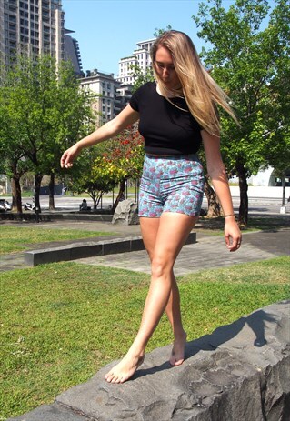 BLUE FLORAL HIGH WAIST COTTON SHORTS