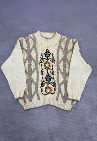 VINTAGE KNITTED JUMPER EMBROIDERED FLOWERS PATTERNED KNIT 