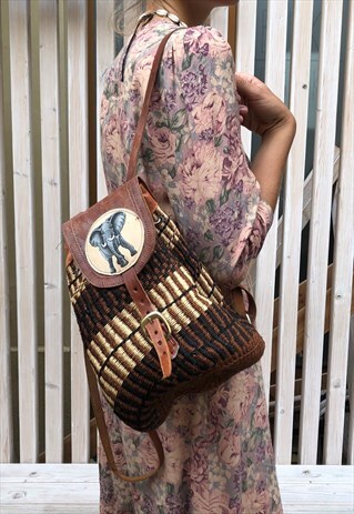 VINTAGE BACKPACK MADE OF STRAW WIT HAND-PAINTED ELEPHANT