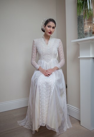 1950'S VINTAGE WEDDING DRESS HIGH NECKLINE LONG LACE SLEEVES