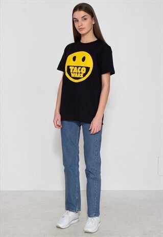 90S VINTAGE BLACK GILDAN SOFTSTYLE EMOJI ROUND NECK T-SHIRT