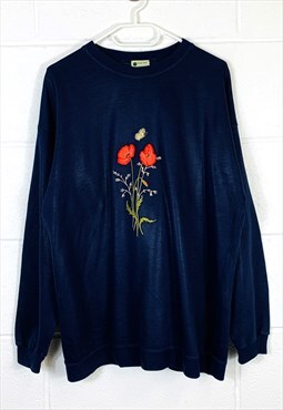 Vintage 90s Sweatshirt Blue with Embroidered Flowers