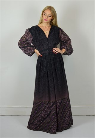 VINTAGE 70S BLACK & PURPLE FLORAL BOHO FESTIVAL MIDI DRESS