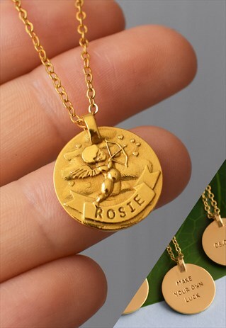 GOLD PERSONALISED NAME COIN CUPID NECKLACE WITH MESSAGE
