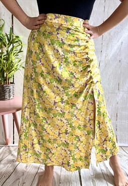 Vintage Yellow Floral Print Side Slit 90's Midi Skirt