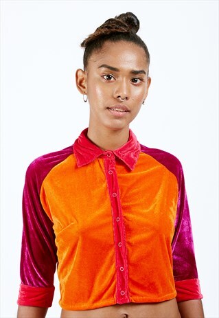 COLOURBLOCK VELVET CROP SHIRT