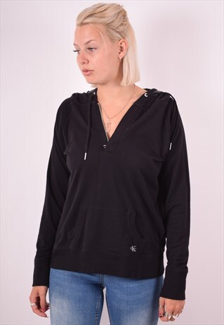 CALVIN KLEIN WOMENS VINTAGE HOODIE JUMPER LARGE BLACK 90S