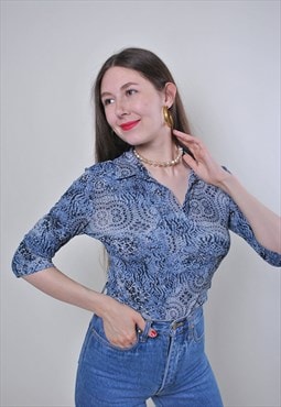 Women vintage blue boho abstract pattern blouse 