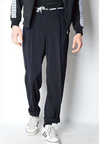 VINTAGE 90S NAVY BLUE MINIMALIST WOOL BLEND PANTS