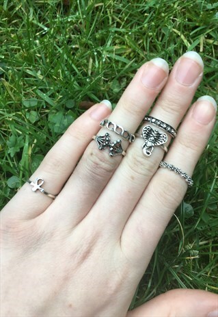 WOMENS BOHO AZTEC ELEPHANT SILVER COLOUR SET OF RINGS