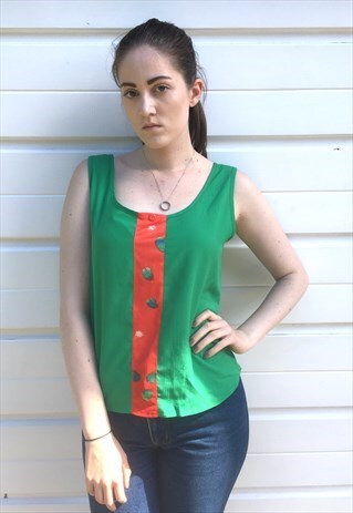 WOMENS VINTAGE 80S BLOUSE GREEN PATTERNED VEST FESTIVAL TOP