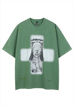 Nun t-shirt Gothic print tee grunge ripped punk top in green