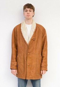 Shearling Vintage XL Men Sheepskin Leather Jacket Suede Coat