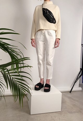WHITE DART FRONT LOOSE FIT DRAWSTRING TROUSERS