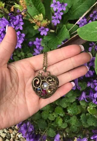 VINTAGE 90'S BRONZE & PEARL HEART NECKLACE