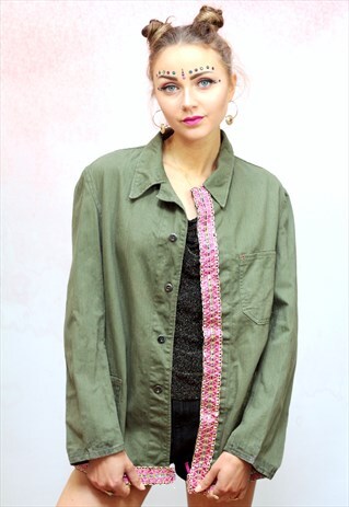 1990S VINTAGE PINK TRIM KHAKI MILITARY FESTIVAL JACKET