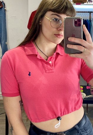 VINTAGE REWORKED RALPH LAUREN CROP TOP POLO SHIRT IN PINK