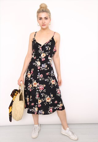 VINTAGE 90S DARK FLORAL PRINT BUTTON MIDI DRESS