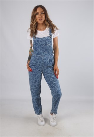 VINTAGE FLORAL DENIM DUNGAREES TAPERED LEG UK 6 XXS (H2F)